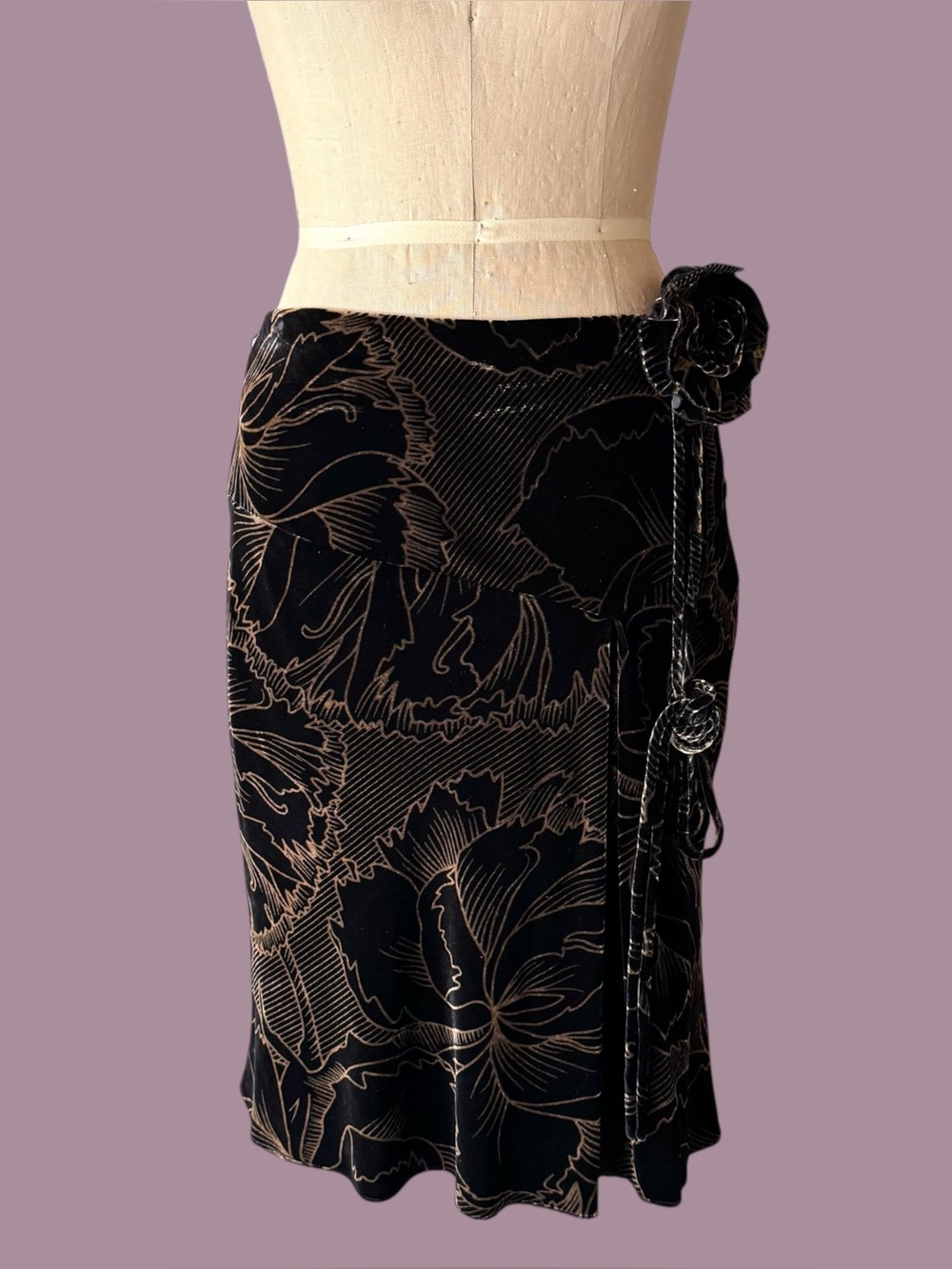 Vintage Y2K Anthropologie Black Copper Silk Velvet Floral Midi Skirt